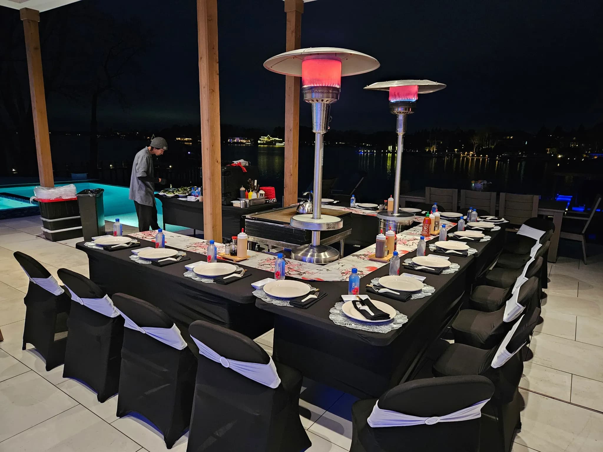 Chef station and full table layout at a private teppanyaki event