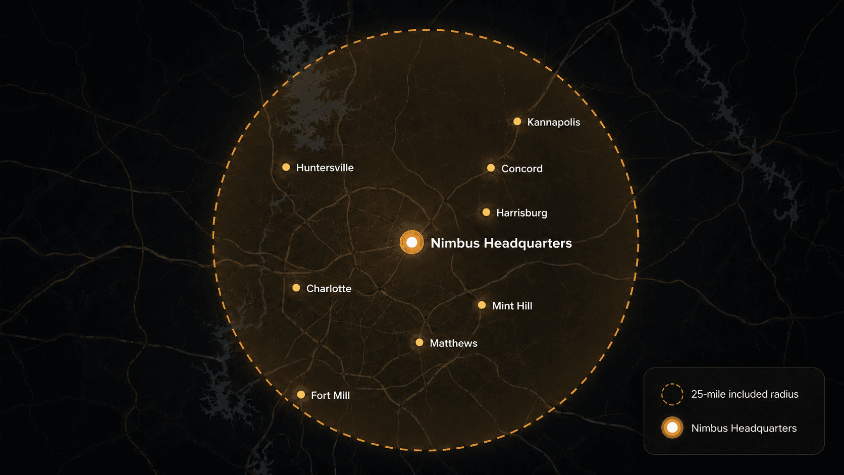 Nimbus Teppanyaki 25-mile included travel service radius map