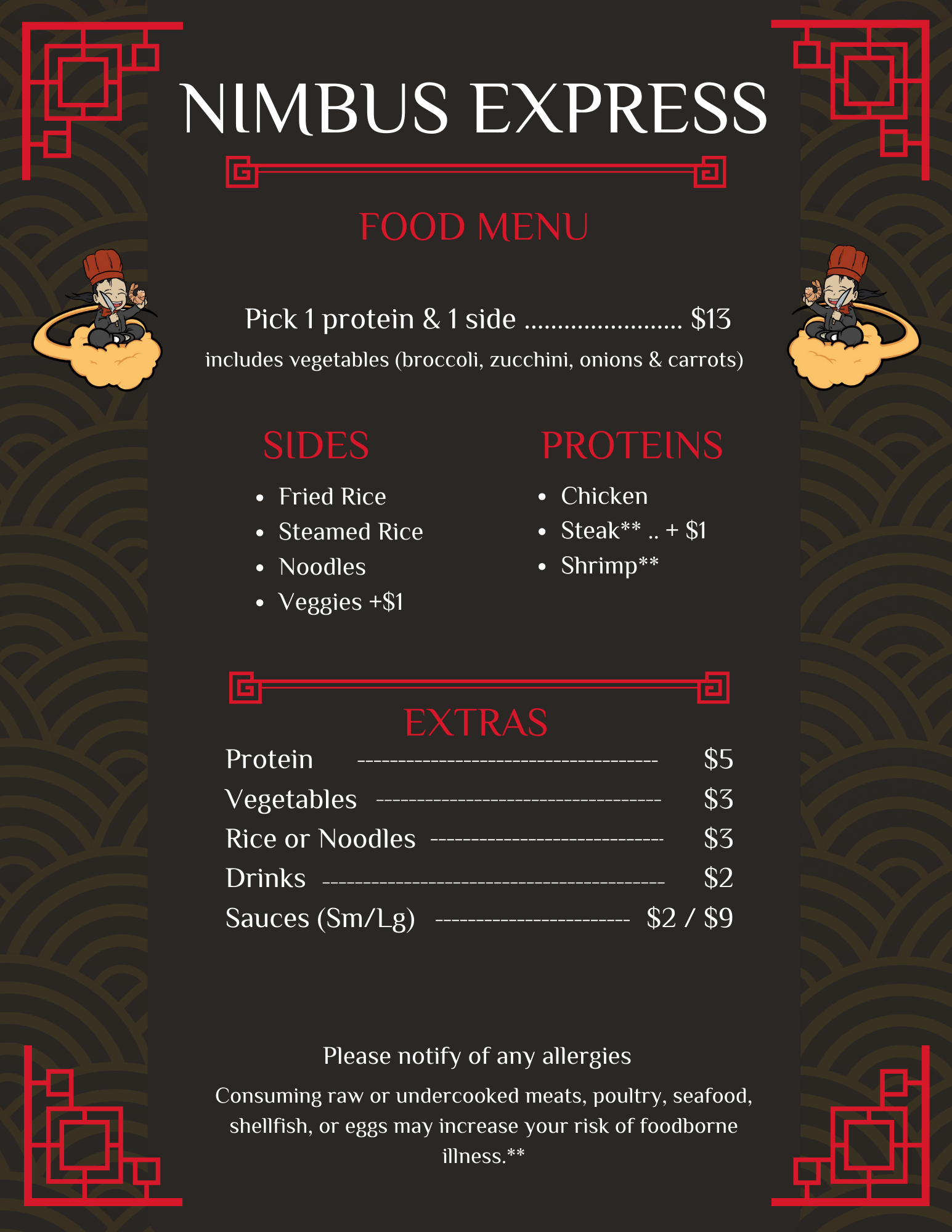 menu for nimbus foodtruck